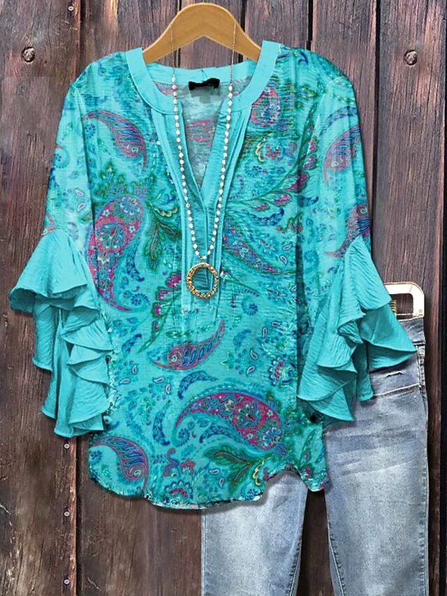 Women's Blouse V Neck Floral Graphic Paisley Elegant Bohemia Ethnic 3/4 Length Sleeve Regular Tops Daily Holiday Vacation Wear Ruffle Print Red Dusty Blue Green Summer Spring Fall4