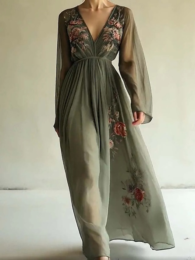  Femmes Robe maxi Robe trapèze Occasionnel Extérieur Sortir Coupe régulière Fleuri Graphique manche longue Col en V Vert Été