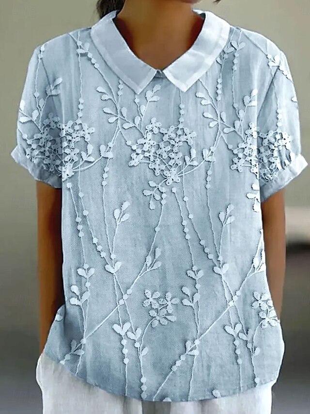 Women's Blouse 3D Print Floral Graphic Elegant Vintage Tropical Short Sleeve Shirt Collar Regular Tops Work Daily Print White Blue Summer Spring3