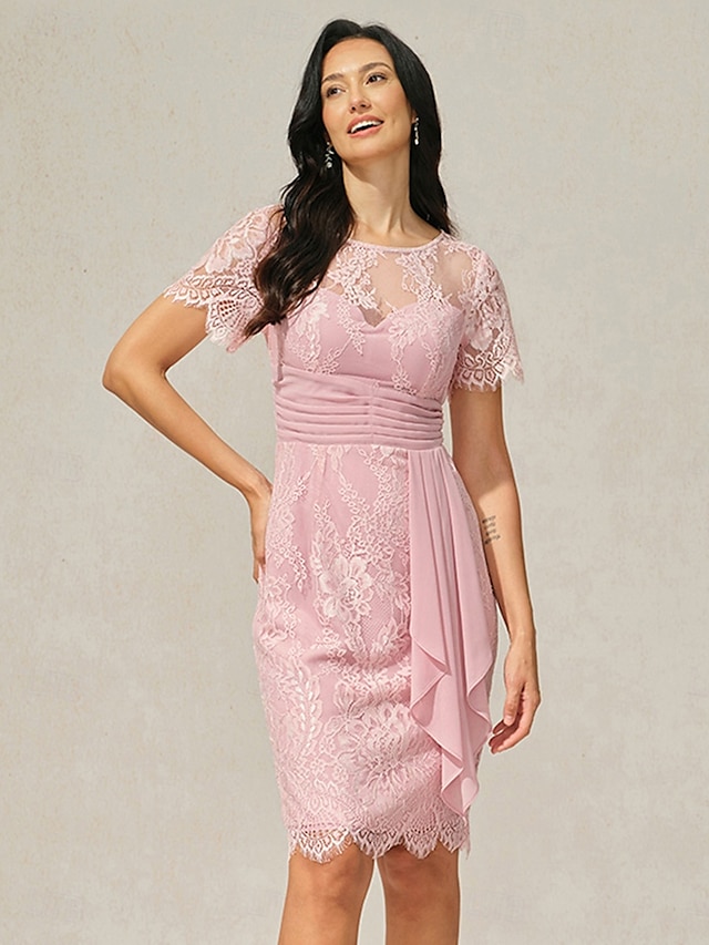  Dámské Mini šaty Krajkové šaty Elegantní Koktejlový večírek Běžný Pevná barva Krátký rukáv Tričkový Růžová růžová Léto Jaro