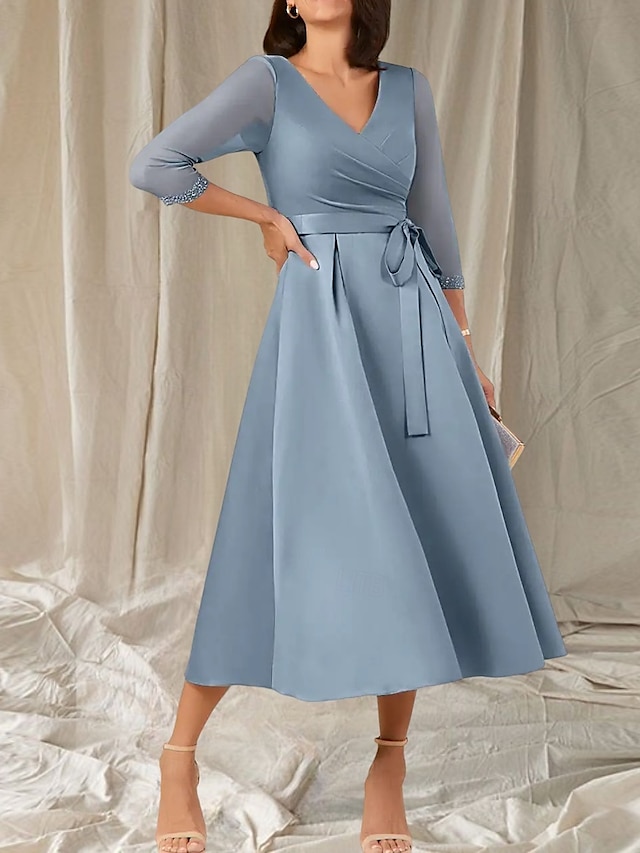  A-Line Mother of the Bride Dress Wedding Guest Elegant Sweet V Neck Tea Length Satin Half Sleeve with Sash / Ribbon Beading Ruching 2025