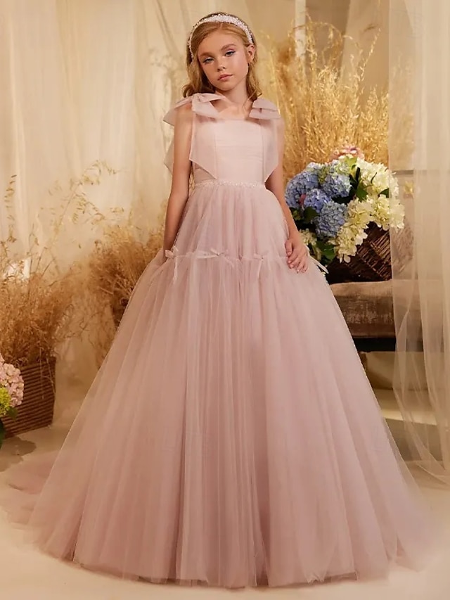  Ballkjole Gulvlengde Blomsterpike Kjole Bursdag Frosset Elsa Jenter Søt Ballkjole Tyll med Sløyfe(r) Åpen Bak Royal Stil Passform 3-16 År