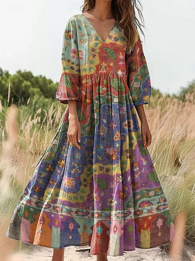 Women's Maxi Dress Sundress A Line Dress Pleated Dress Vacation Casual Boho Daily Holiday Going out Loose Fit Floral Graphic 3/4 Length Sleeve V Neck Yellow Purple Orange4