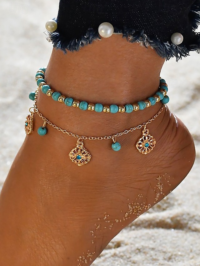  Tobillera con cuentas turquesas para mujer y dijes chapados en oro: joyería bohemia de playa para vacaciones de verano y festivales.
