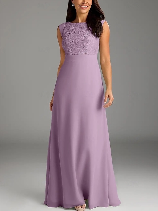  A-Line Mother of the Bride Dress Wedding Guest Elegant Minimalist Crew Neck Floor Length Chiffon Lace Cap Sleeve with Lace Buttons