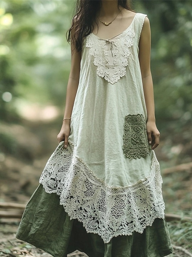  Femmes Robe Longue Maxi Robe Robes en coton et lin Robe Décontractée Robe bohème Robe occidentale Mode Extérieur Soirée Fête Coupe régulière Bloc de Couleur Sans manches Col en U Vert Été