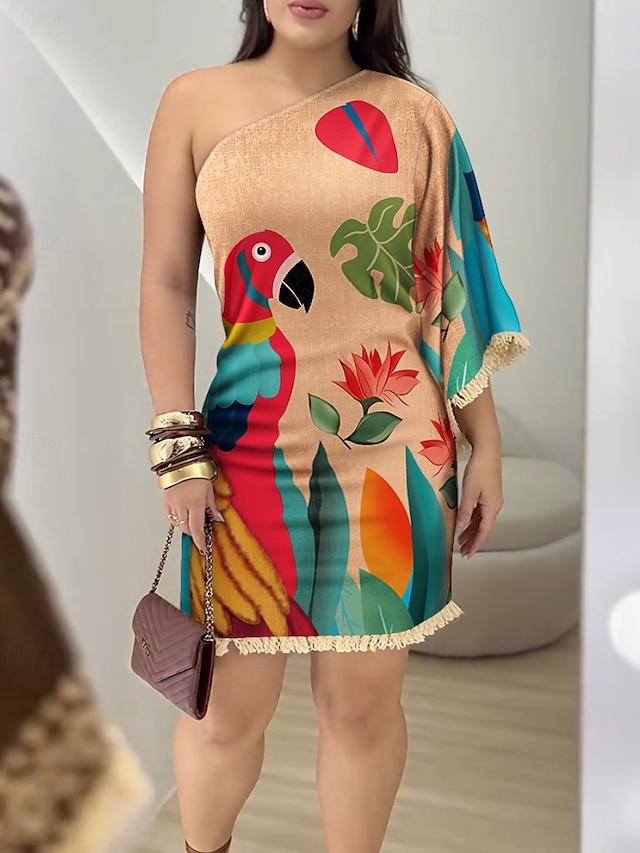  Women's Mini Dress Tassel Dress Summer Dress Print Dress Elegant Summer Dress Regular Fit Floral Tree 3/4 Length Sleeve One Shoulder Black Brown Khaki Summer