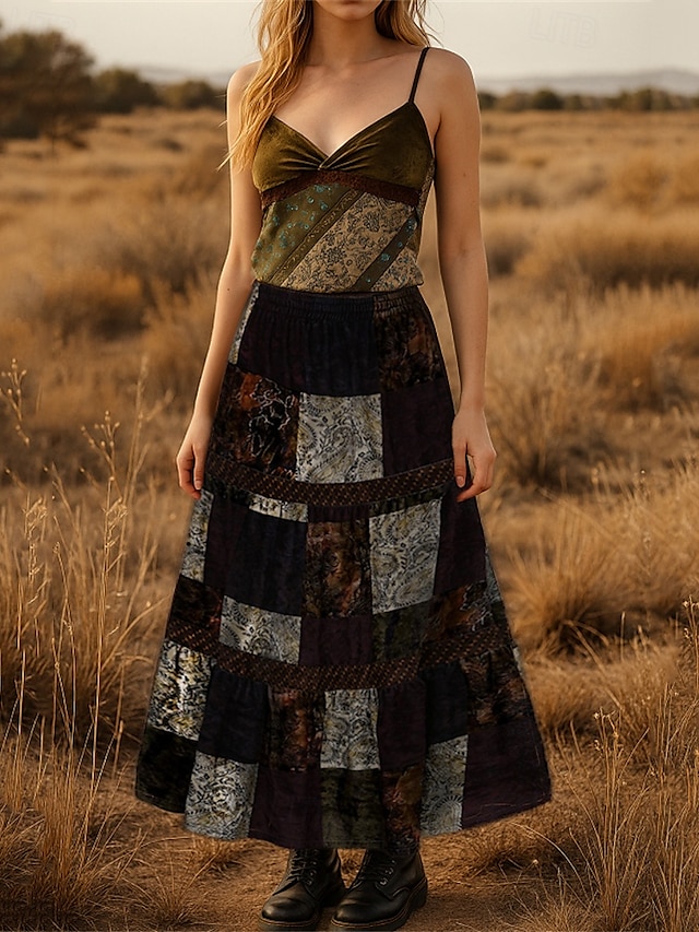  Per donna Gonna Linea A Svasato Casual Boho Maxi Vita Alta Gonne Blocco di colori Patchwork Vacanza Ferie Marrone Estate Poliestere