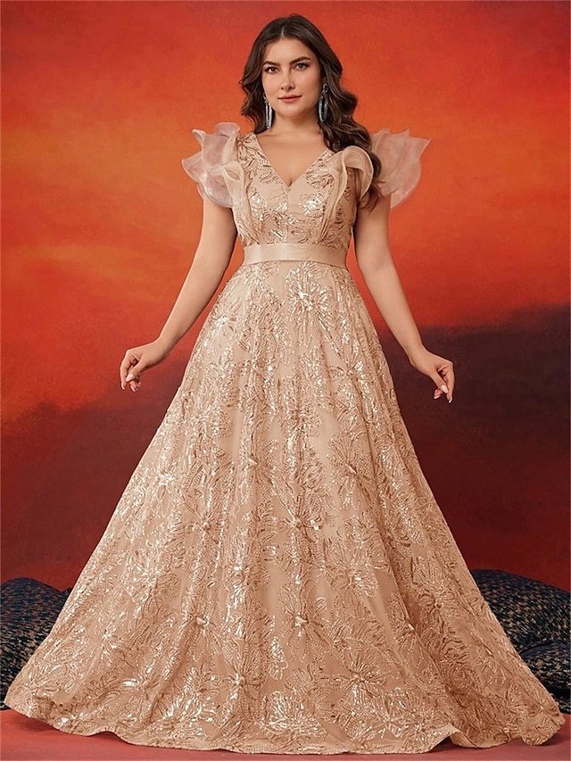  Abiti A-Line Taglia Plus Elegante Abito Curve Formale per Matrimonio Lunghezza Della Terra Senza Maniche Collo A V In Paillettes 2025