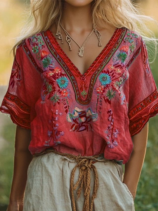  Pentru femei Cămașă Floral Grafic Boemia Stilat Clasic Manșon scurt Stil Nautic Topuri obișnuite Zilnic Costum de plajă Îmbrăcăminte de vacanță Imprimeu Galben Roșu-aprins Albastru piscină Mov