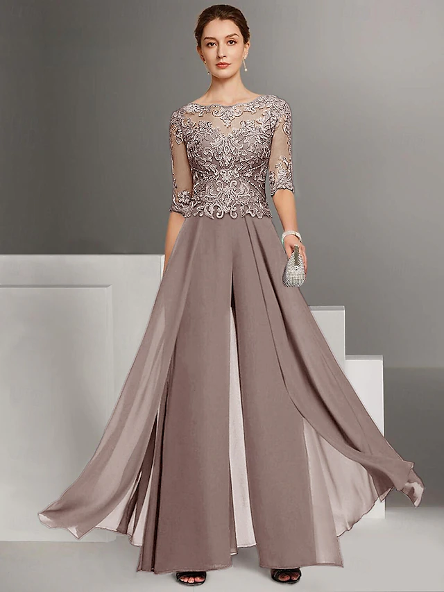 Jumpsuit Mother of the Bride Wedding Guest Church Elegant Petite Bateau Neck Floor Length Chiffon Half Sleeve with Appliques 15