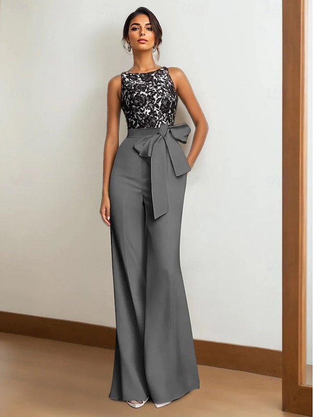  Combinaison / Tailleur-Pantalon Robe de Mère de Mariée  Formel robe demoiselle d honneur Élégant Simple Minimaliste Col ras du cou Longueur au sol Dentelle Tissu Extensible Sans manches avec Ceinture