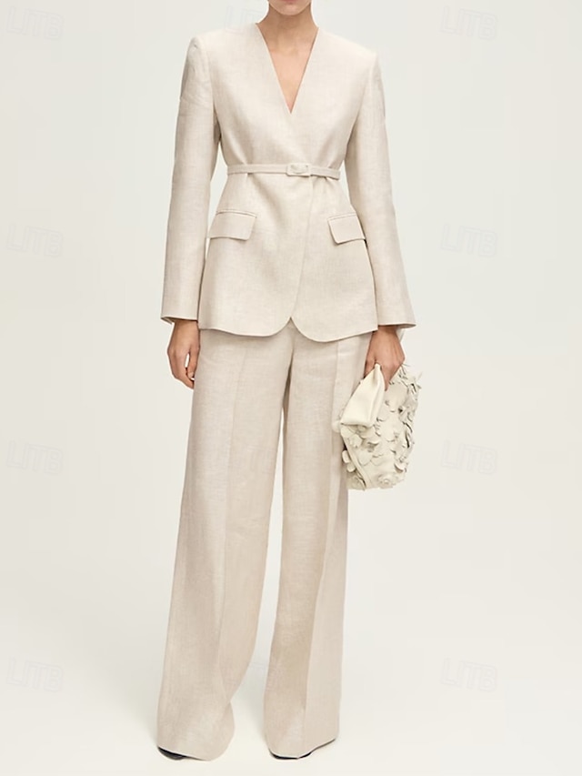  Collarless Blazer Two Piece Pantsuit Pantsuit Linen Blended Mother of the Bride Pantsuit Elegant Simple Minimalist V Neck Floor Length Long Sleeve with Solid Color 2025