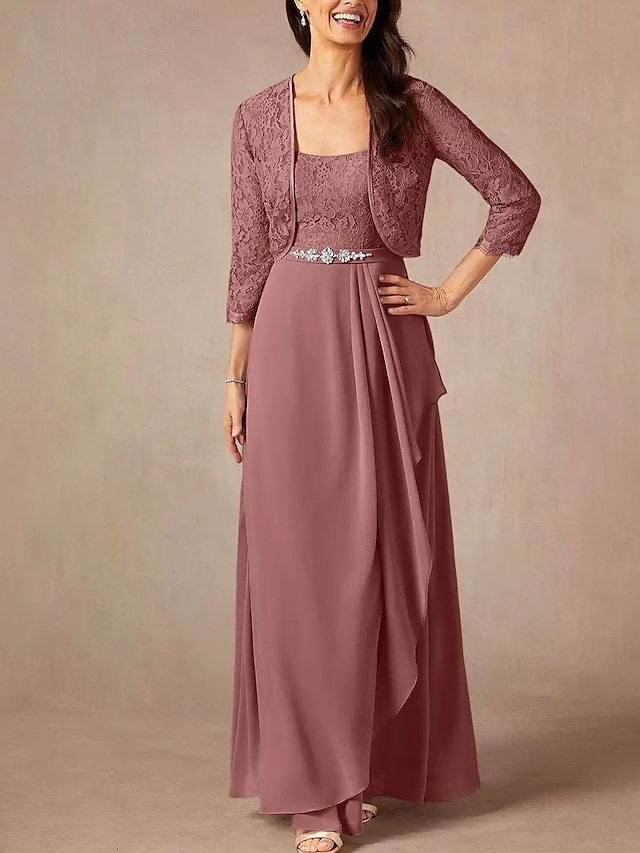  Tvådelad A-linjeformad Mor till Brud-Klänning Bröllopsgäst Elegant Söt Rundhalsad Golvlängd Chiffon Spets 3/4 Längd Ärmar med Spetspärlor Volanger