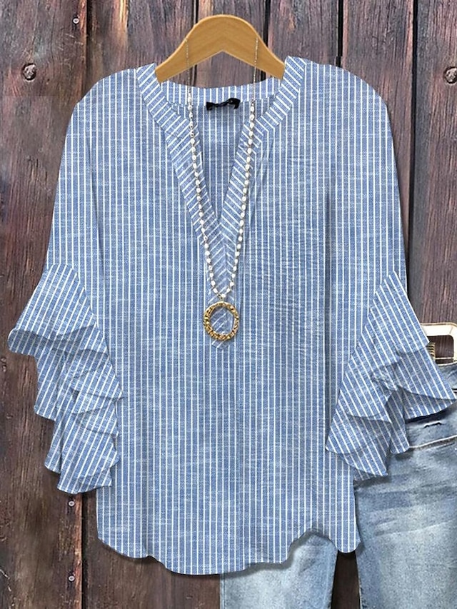  Blusa da Donna con Maniche a Ruffle a Strati Grafica Floreale A Righe Giornaliera Stile Elegante Casual Maniche a 3/4 Collo a V Maglietta Regolare Abbigliamento Estivo Primaverile per Vacanze Stampa