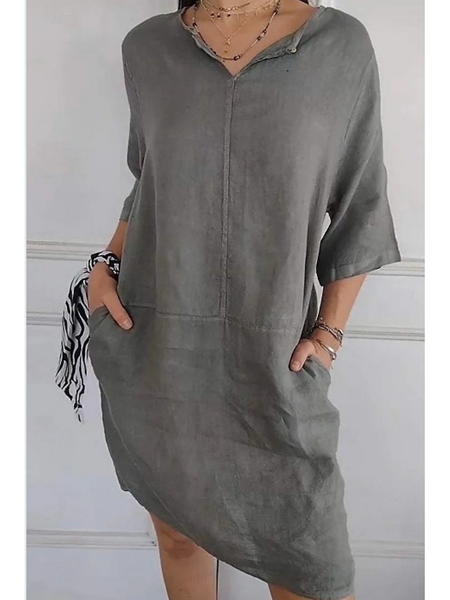  Femmes Mini Robe Robes en coton et lin Robe Décontractée Robe d'été Basique Moderne Quotidien Week-end Coupe régulière Uni Manche 3/4 Col en V Noir Blanche Marron Gris Été