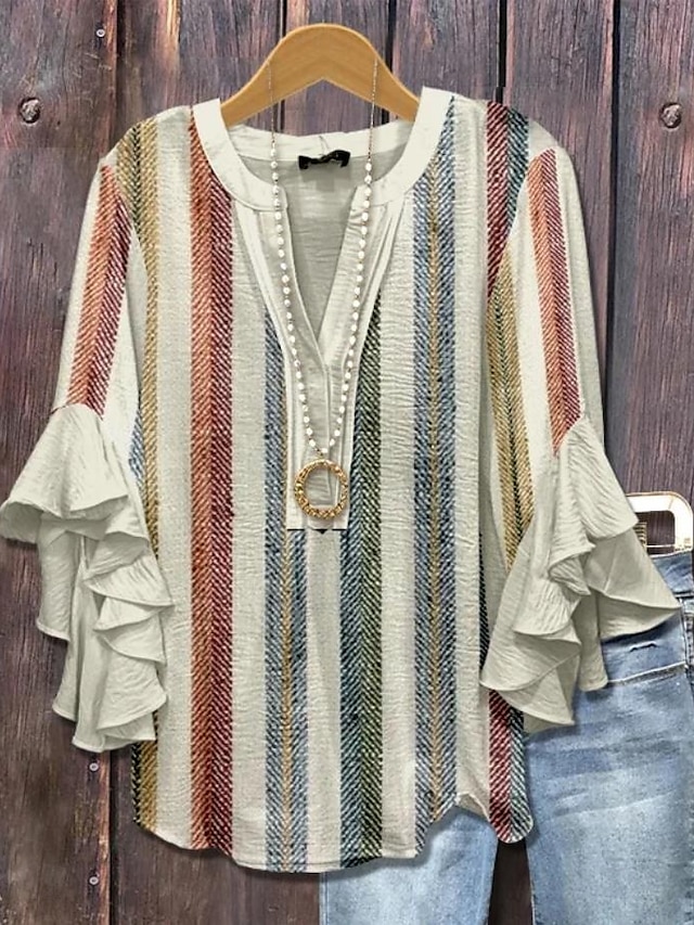  Kvinnors Blus V-Hals Grafisk Geometrisk Bohemia Vintage Daglig 3/4 Längd Ärmar Regula Tops Daglig Semester Semester Kläder Tryck Svart Vit Gul Grön Khaki Sommar Vår Höst