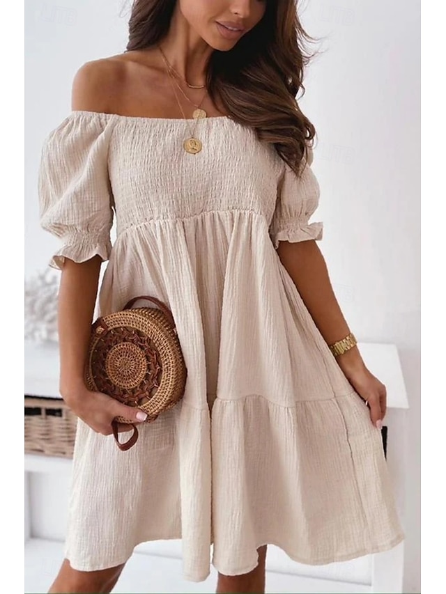  Femmes Mini Robe Robe Décontractée Robe d'été Basique Moderne Quotidien Week-end Coupe régulière Uni Manche Courte Épaules Dénudées Noir Blanche Abricot Été
