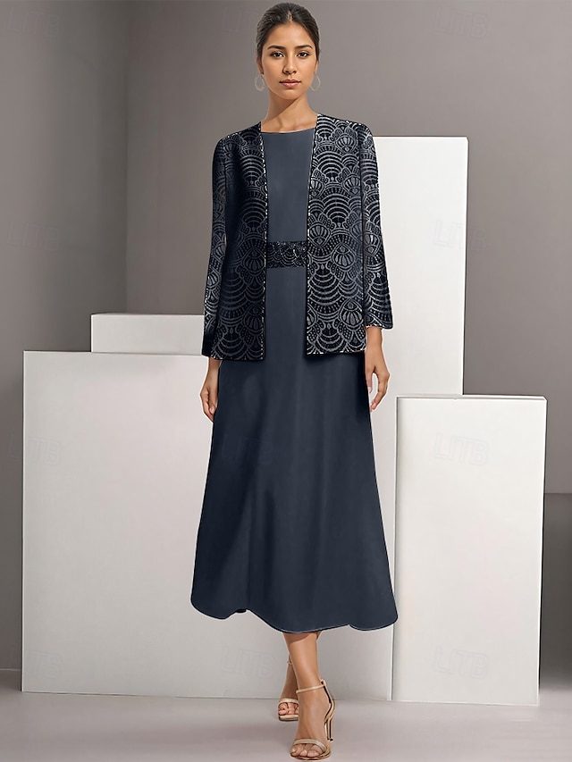  Zweiteilig A-Linie Brautmutterkleid Elegant Einfach Lässig U-Boot-Ausschnitt Knöchellänge Chiffon Langarm mit Spitze 2025