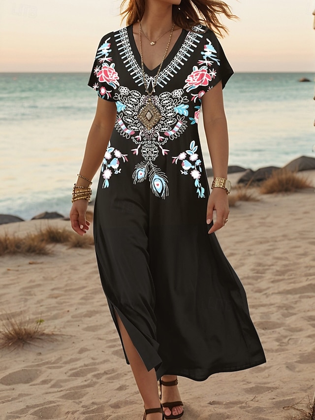  Damen Midikleid T-Shirt-Kleid Sommerkleid A Linie Kleid Urlaub Lässig Outdoor Ausgehen Strand Standard Passform Blumen Grafik Stammes Kurzarm V Ausschnitt Schwarz Sommer Frühling Herbst
