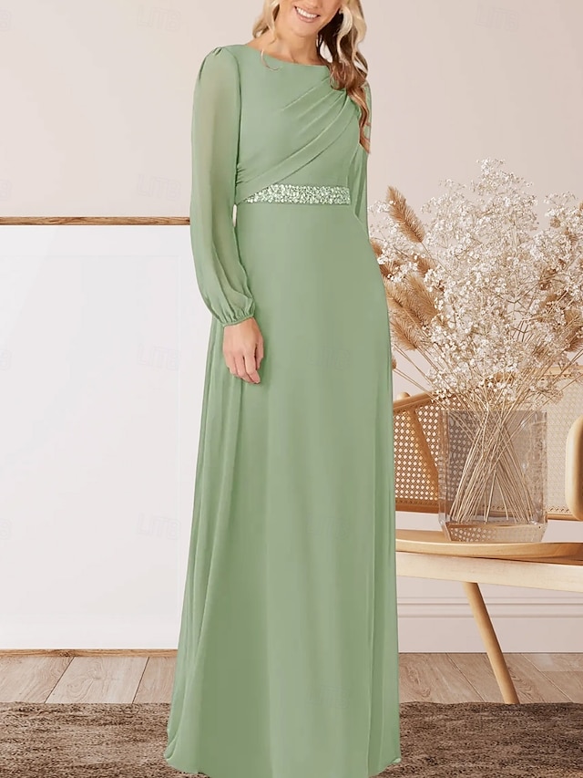  Robe A-Ligne pour Mère de la Mariée Invité de Mariage Élégante Col Arrondi Longueur Sol Chiffon Manches Longues avec Perles Ruché