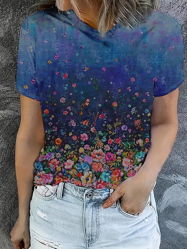  Dame T skjorte Sommertopper Blomstret Grafisk Klassisk Fritid Kortermet Crew-hals Crop Tops Daglig Helg Trykt mønster Marineblå Sommer Vår Høst
