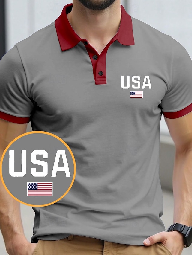  día de la independencia americana Hombre Bandera estadounidense de los Estados Unidos Polo Manga Corta Camisas de polo Camisas con cuello Casual Exterior Ropa Deportiva Impresión 3D Verano Negro Rojo