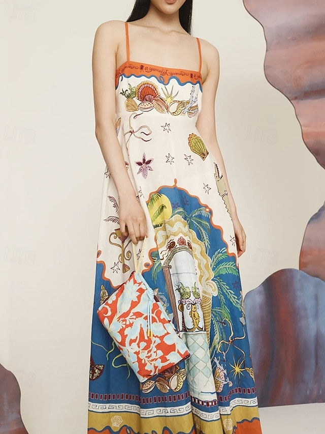  Women's Long Dress Maxi Dress Cotton Linen Dresses Casual Dress Fashion Outdoor Party Holiday Regular Fit Color Block Sleeveless Spaghetti Strap Orange Summer