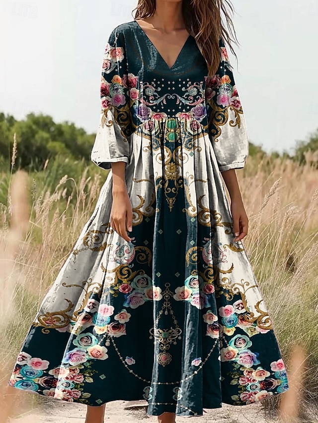  Dam Maxiklänning Solklänning A linjeklänning Plisserad klänning Semester Ledigt Boho Utekväll Lös passning Blommig Grafisk 3/4 ärm V-hals Svart Gul Blå Grön Sommar Vår