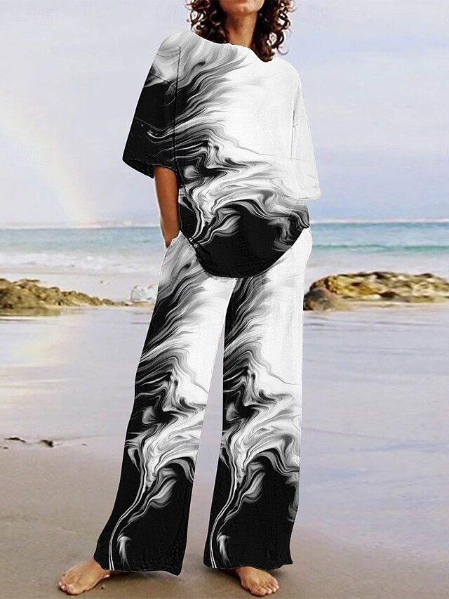 Women's Active Vacation Pants Sets Half Sleeve Crew Neck Ombre Floral Print Casual Daily Black White Summer Regular Fit4