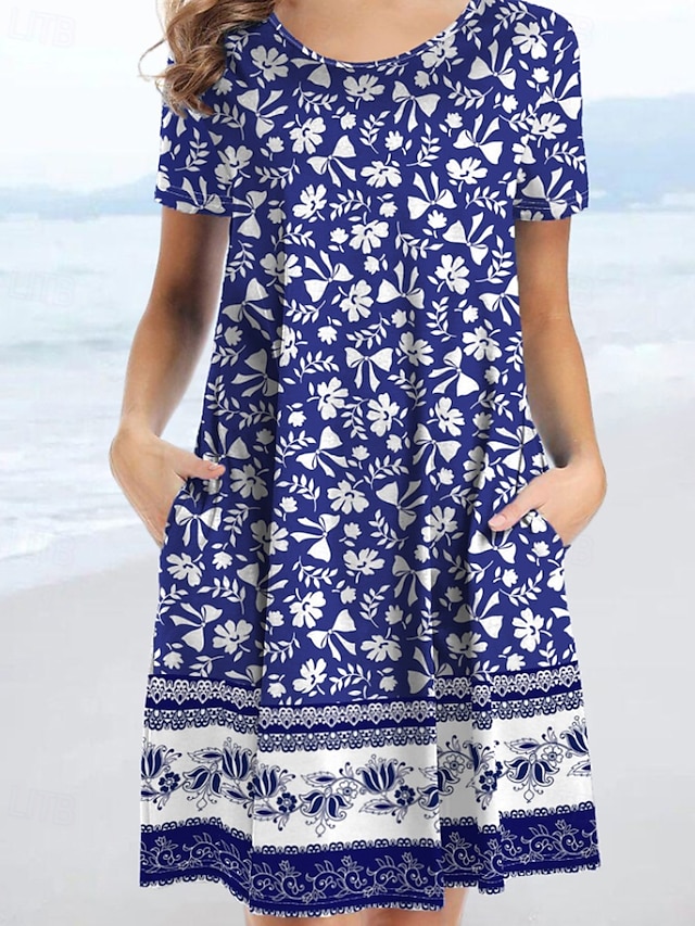  Pentru femei Rochie Mini Rochie florala Rochie Boho Clasic În aer liber Vacanță Zilnic Fit regulat Floare Manșon scurt Stil Nautic Albastru piscină Vară