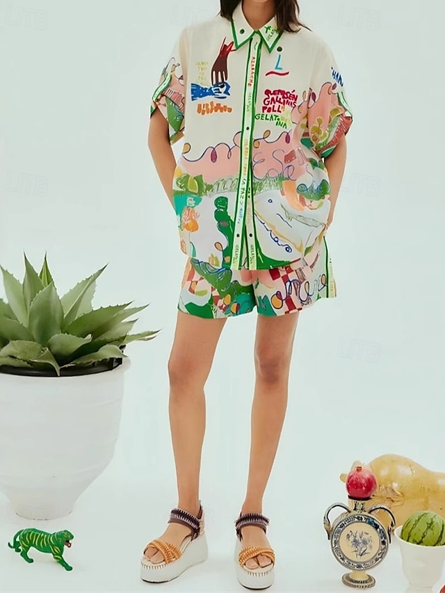  Femmes Mode Streetwear Chemises en coton et lin Ensembles en coton et lin Ensembles de Shorts Manche Courte Col de chemise Graffiti Imprimé Tenue quotidienne Date Vert Été Coupe régulière