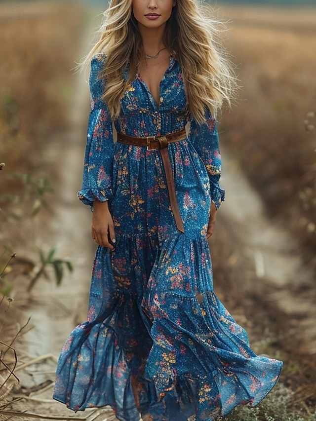  Femmes Robe Longue Maxi Robe Robe Décontractée Robe évasée Robe d'été Robe bohème ancien Vacances Quotidien Fête Coupe régulière Fleuri manche longue Col en V Bleu Été