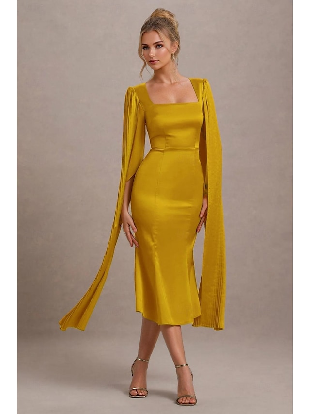  Senapsgul Klänning Fåll Cape Klänning Havfru  Trumpet Cocktail Klänningar Elegant Klänning Formell Bröllop Gäst Klänning Te Längd Midi Längd Fyrkantig Halsringning Siden