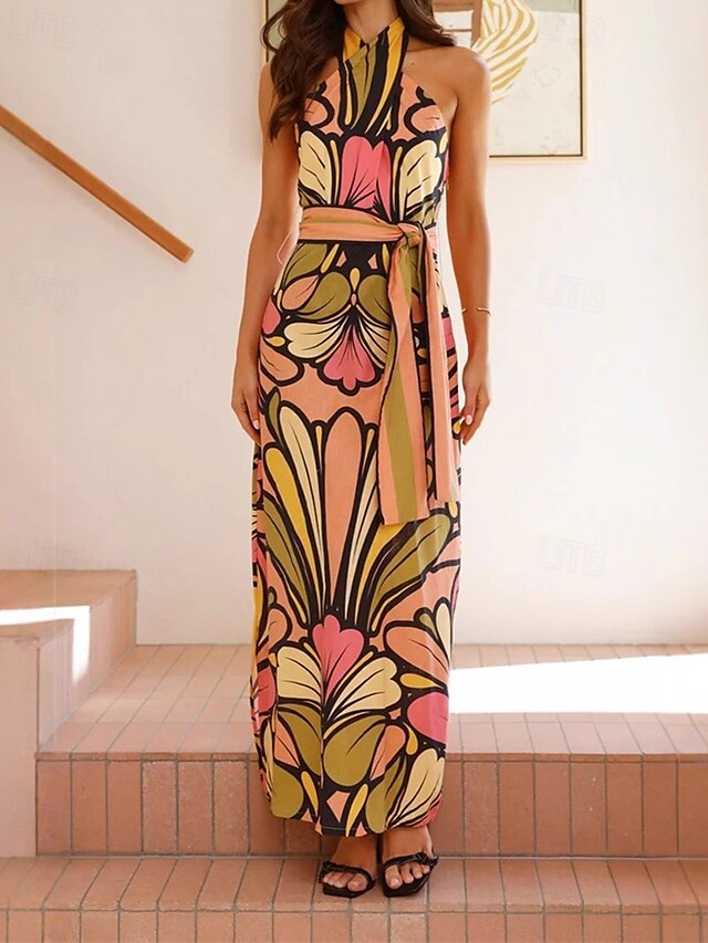  Femmes Robe Longue Maxi Robe Robes en coton et lin Robe Décontractée Mode Extérieur Soirée Fête Coupe régulière Fleur Sans manches Col Halter Vert Été