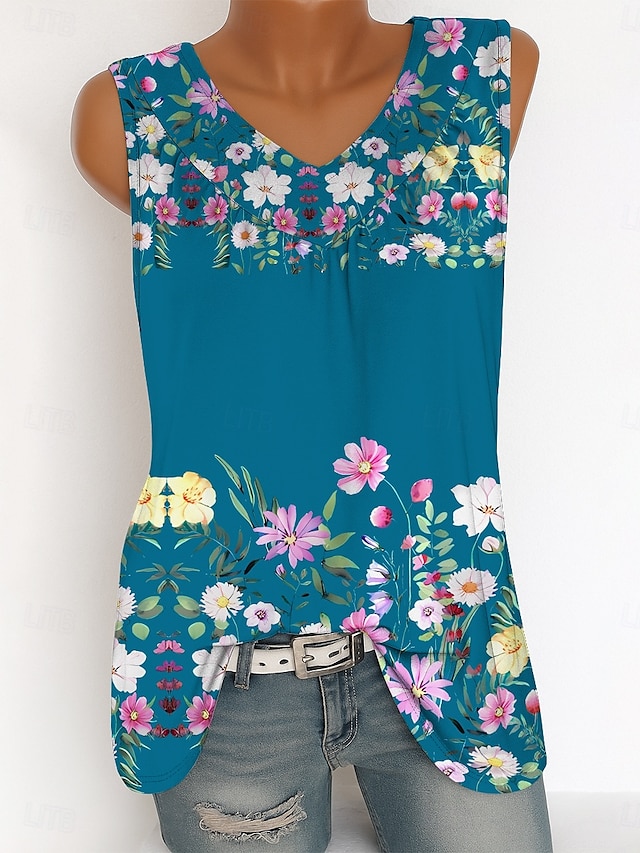  Women's Camisole Tank Top Floral Graphic Vintage Tropical Stylish Sleeveless V Neck Long Tops Daily Print Blue Purple Green Summer Spring