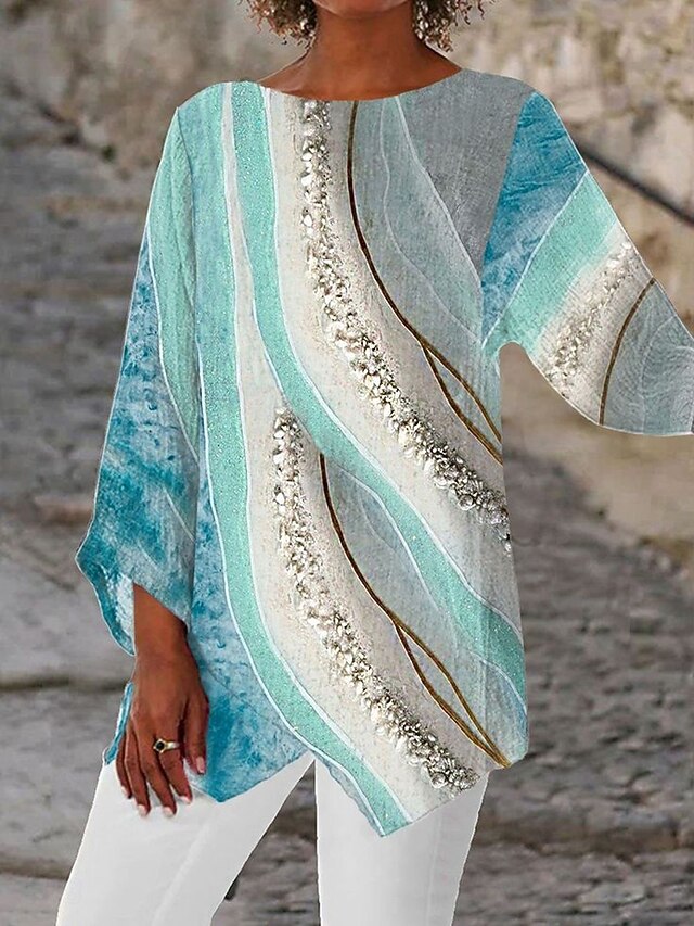 Women's Blouse Long Sleeve Asymmetrical Hem Ombre Floral Graphic Vintage Tropical Stylish 3/4 Length Sleeve Crew Neck Regular Tops Daily Print Blue Green Spring Fall3