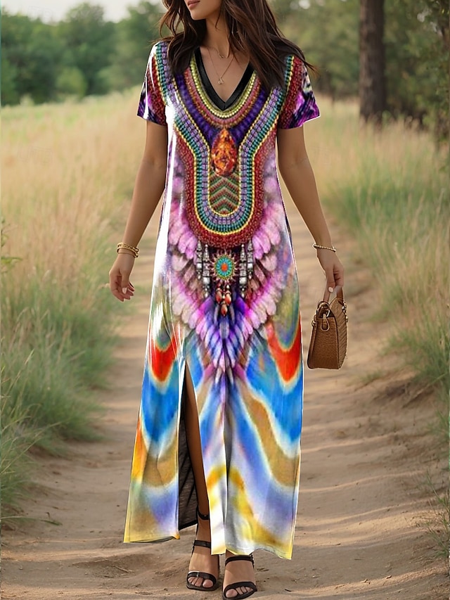  Damskie Sukienka maxi Sukienka letnia Sukienka A line Letnie sukienki Urlop Codzienny Codzienny Regularny Graficzny Geometryczny W Tureckie Wzory Krótki rękaw W serek Rumiany róż Fioletowy Zielony