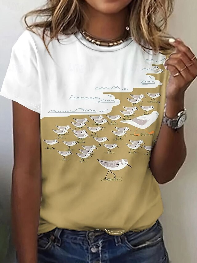 Women's T Shirt Graphic Animal Bird Vintage Stylish Classic Short Sleeve Crew Neck Round Neck Regular Tops Daily Weekend Print Khaki Summer Spring4