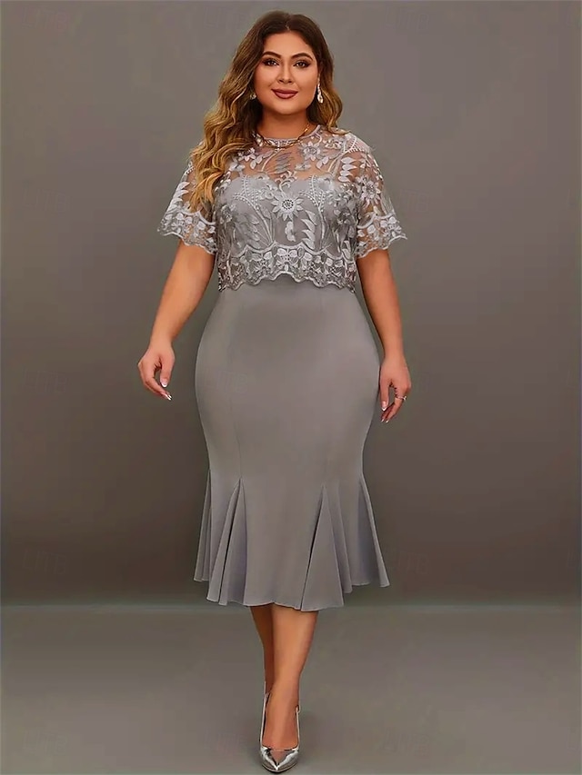  Abito madre della sposa abito elegante scollo a girotea lunghezza tè pizzo maniche corte con colore solido