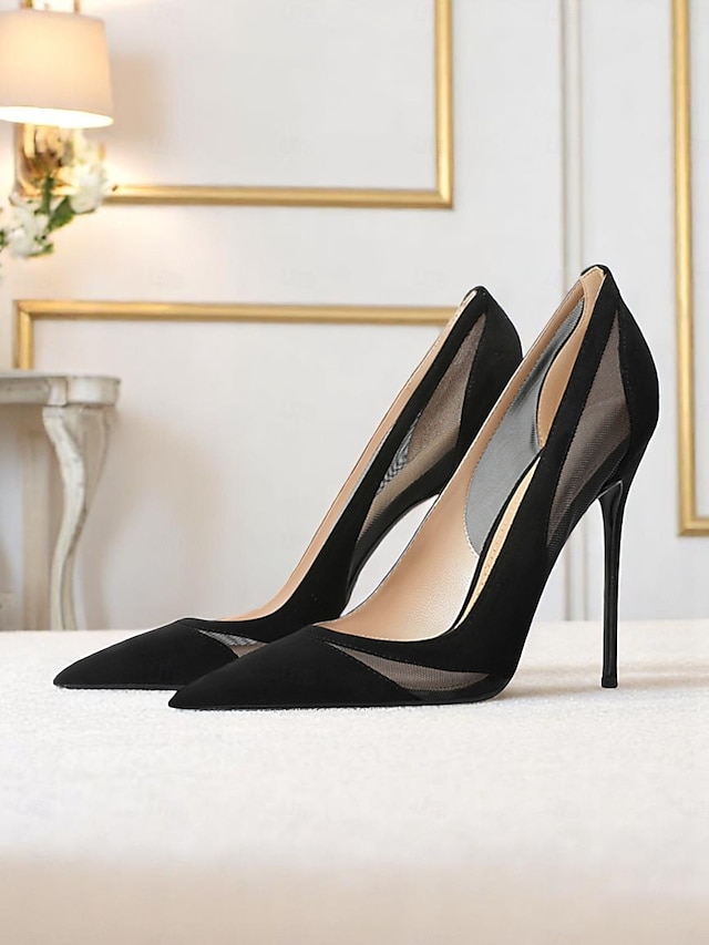 Escarpins à bout pointu en daim nude pour femmes avec détails en maille, chaussures à talons aiguilles hauts pour cocktails et occasions formelles