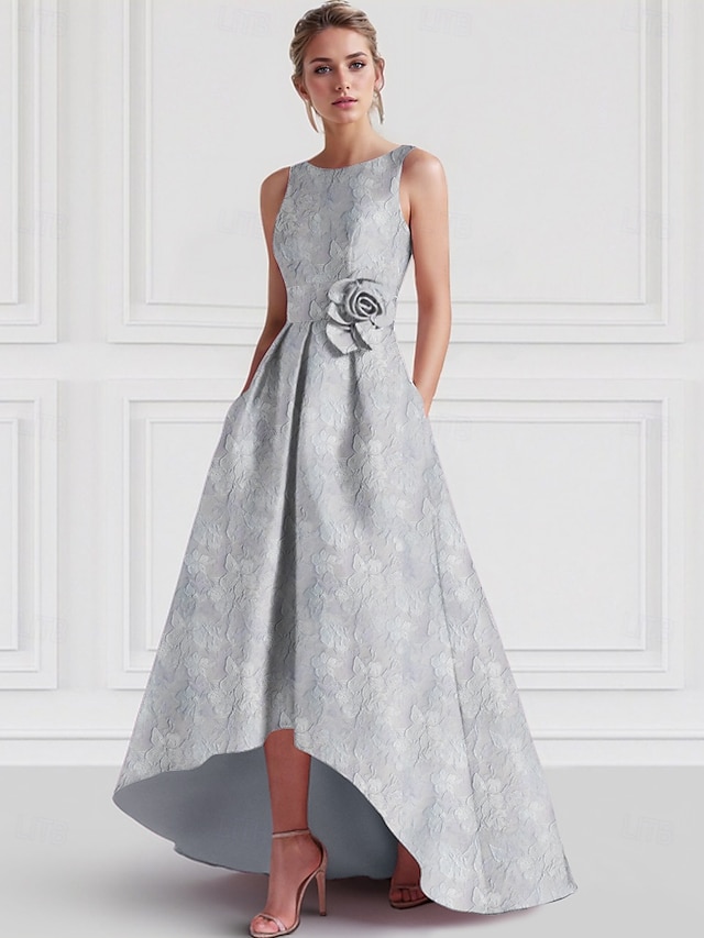  Jacquard A-vonalú Koktélruhák Elegáns Ruha Formális Esküvő Aszimmetrikus Ujjatlan Kerek Nyak Nylon Virágmintás Zsebes Esküvői Vendég Ruha
