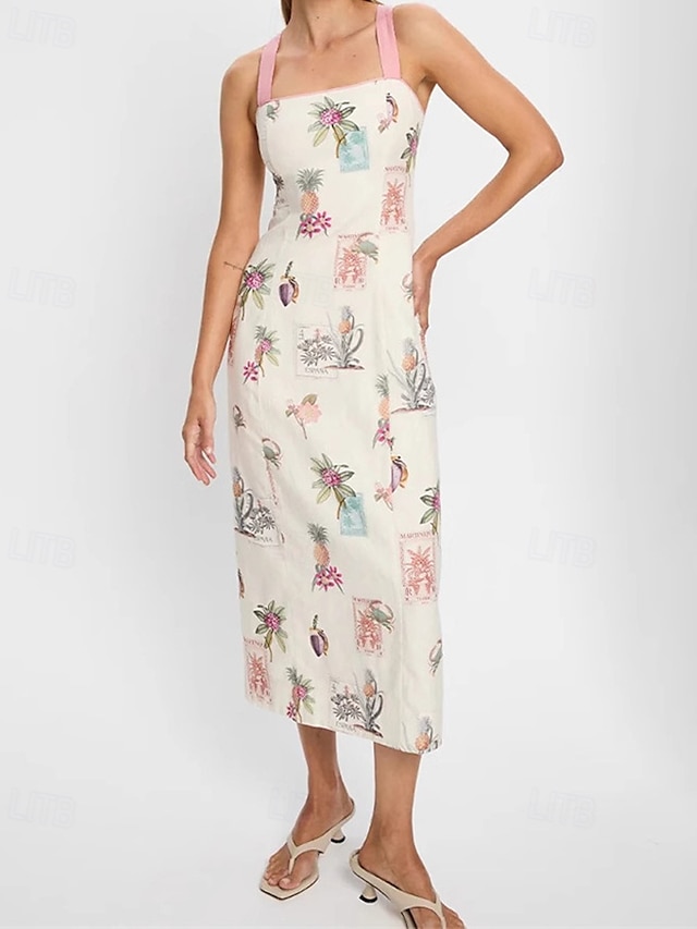  Per donna Abito Lungo Maxi Abito Abiti in cotone e lino Vestito Casual Moda All'aperto Feste Ferie Vestibilità regolare Fiore Senza Maniche Spalline Rosa Estate