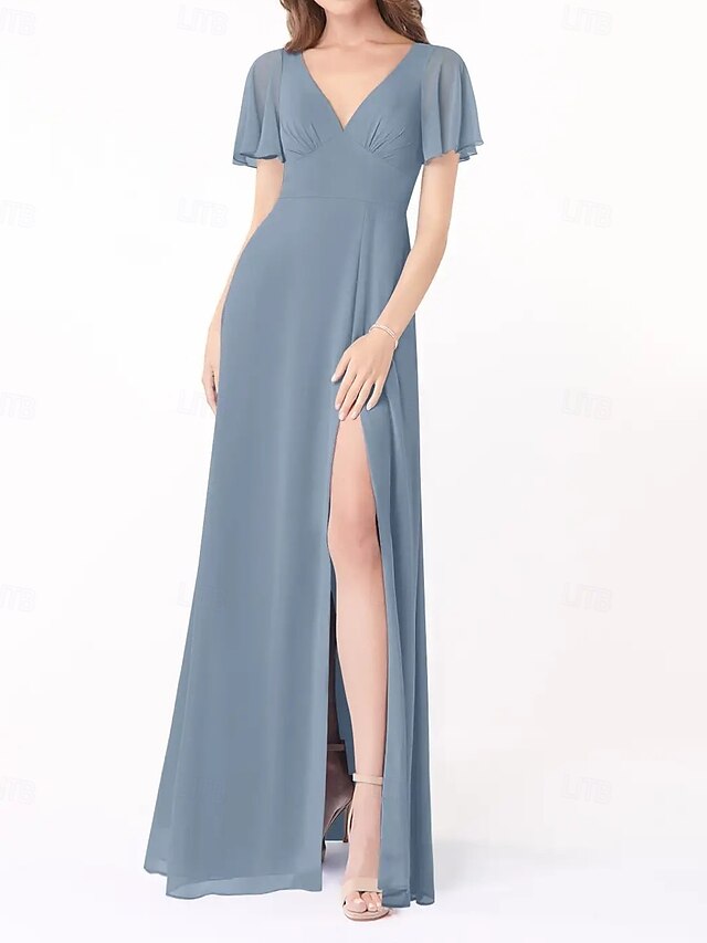  Abito A-Line Damigella d'Onore V Collo Manica Corta Elegante Lunghezza del Pavimento Chiffon con Fessura Frontale/Ruching