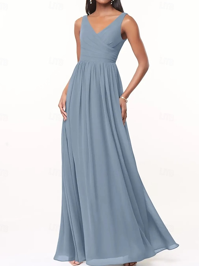  Vestido de Dama de Honra A-Line Decote V Sem Mangas Elegante Comprimento Total Chiffon com Plissado  Franzido