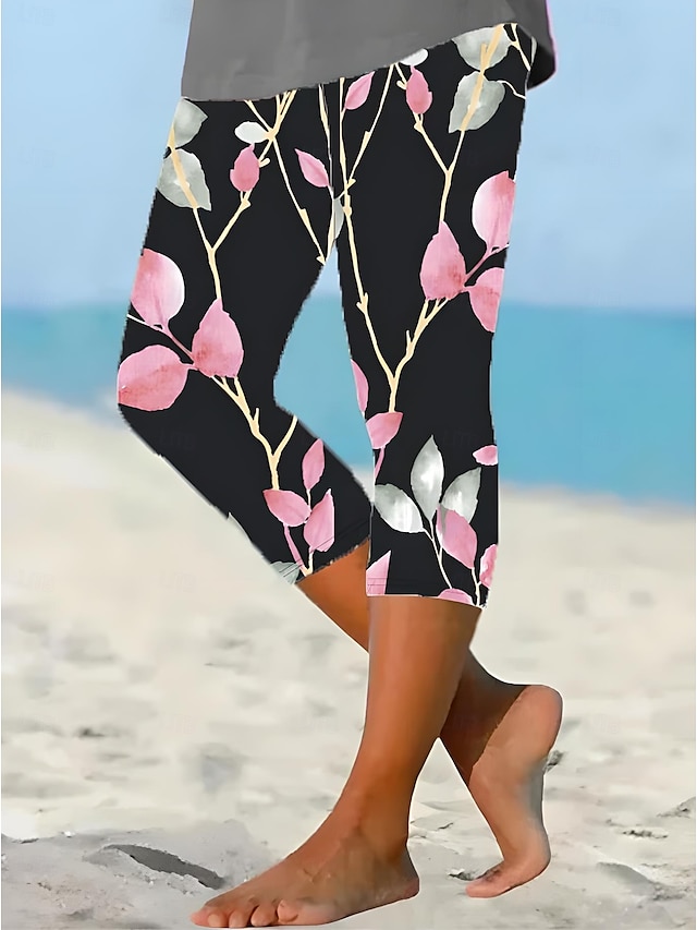  Damleggings Capri-byxor 3D-print semester retro mode vadlängd hög midja blommig grafisk tryck stretchig semester gatan avslappnad robin's egg blå svart vit blå sommar vår slim fit