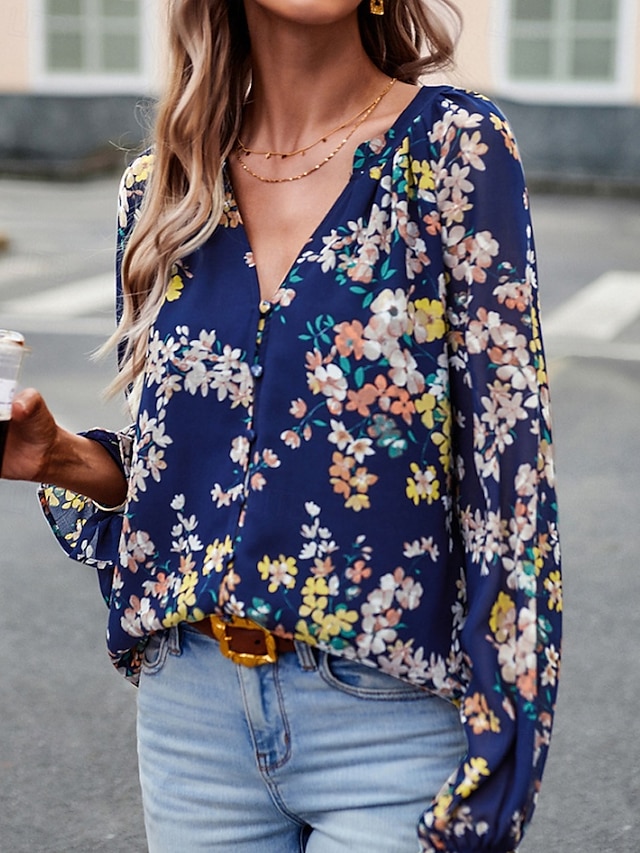  Dame Boho skjorte Bluse Blomsternål i krystall Moderne Bohem Langermet V-hals Vanlige topper Daglig Ut på byen Trykt mønster Svart Navyblå Blå Aprikos Sommer