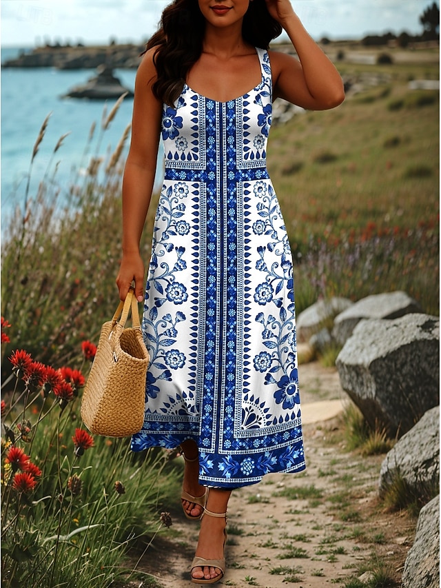  Dames Maxi-jurk A lijn jurk Off-the-shoulder jurk Vakantie Casual Boho Feest Uitgaan Strand Standaard pasvorm Grafisch Tribal Mouwloos Vierkante hals Zwart Wit Rood blauw Zomer Lente