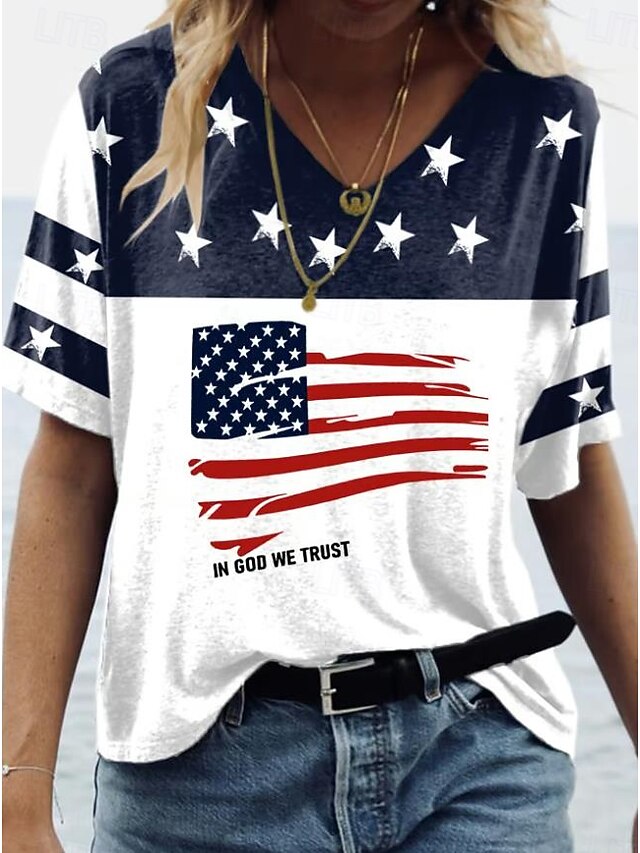 Women's Patriotic  T Shirt Graphic American Flag Vintage Stylish Classic Short Sleeve V Neck Regular Tops Daily Weekend Print White Blue Summer Spring3