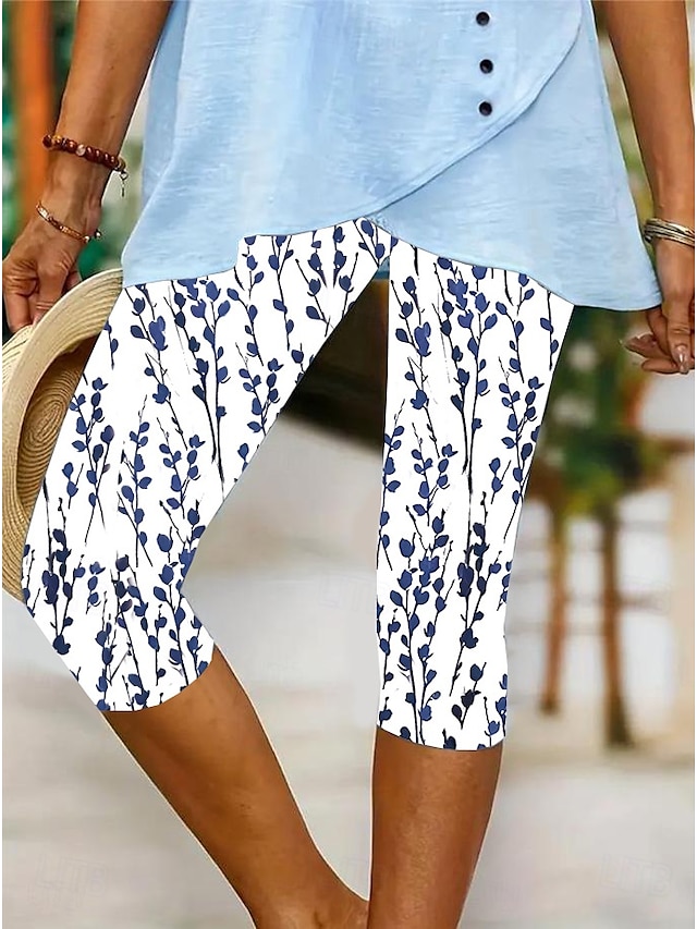  Damleggings Capri Byxor Hög Elasticitet Semester Vintage Mode Kalmudd Mitten Midja Blommig Grafisk Tryck Andningsbar Mjuk Elastisk Semester Ledig Daglig Svart himmelsblå Grön